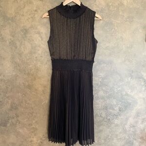 Nanette Lepore Black and Gold Metallic Pleated High Neck Sleeveless Midi Dress